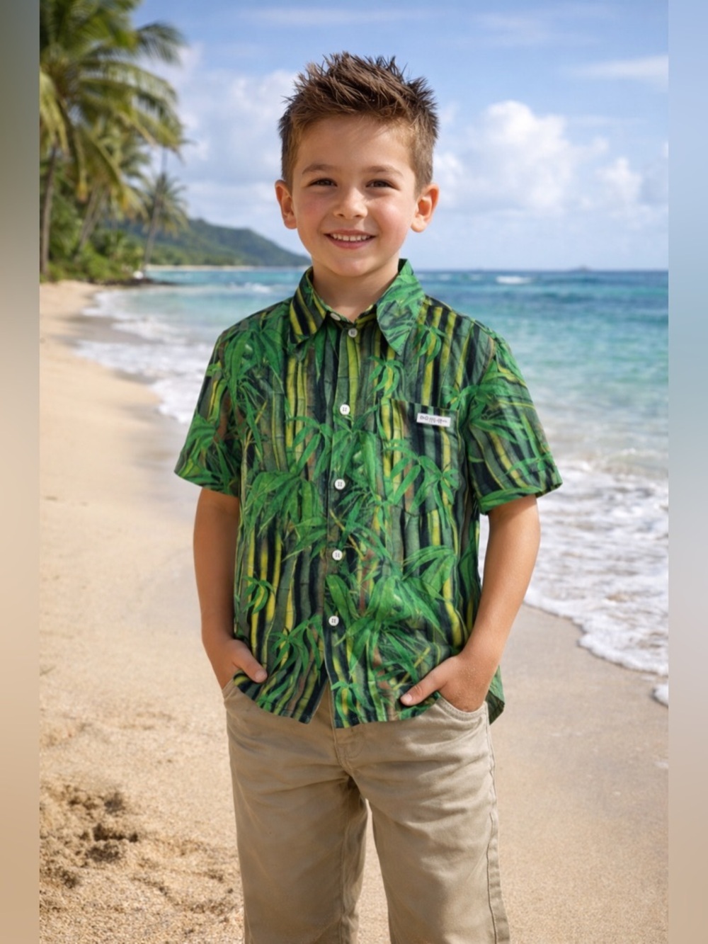 Dolce & Gabbana Bamboo Print Button Down Shirt Green Cotton Collared Boys 10 D&G
